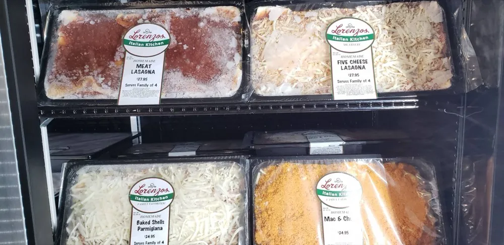 Frozen lasagna, baked shells and mac & cheese trays ready to take home